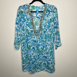 blue island Blue and Green Seashell Print Swim Coverup with Beaded V-Neck